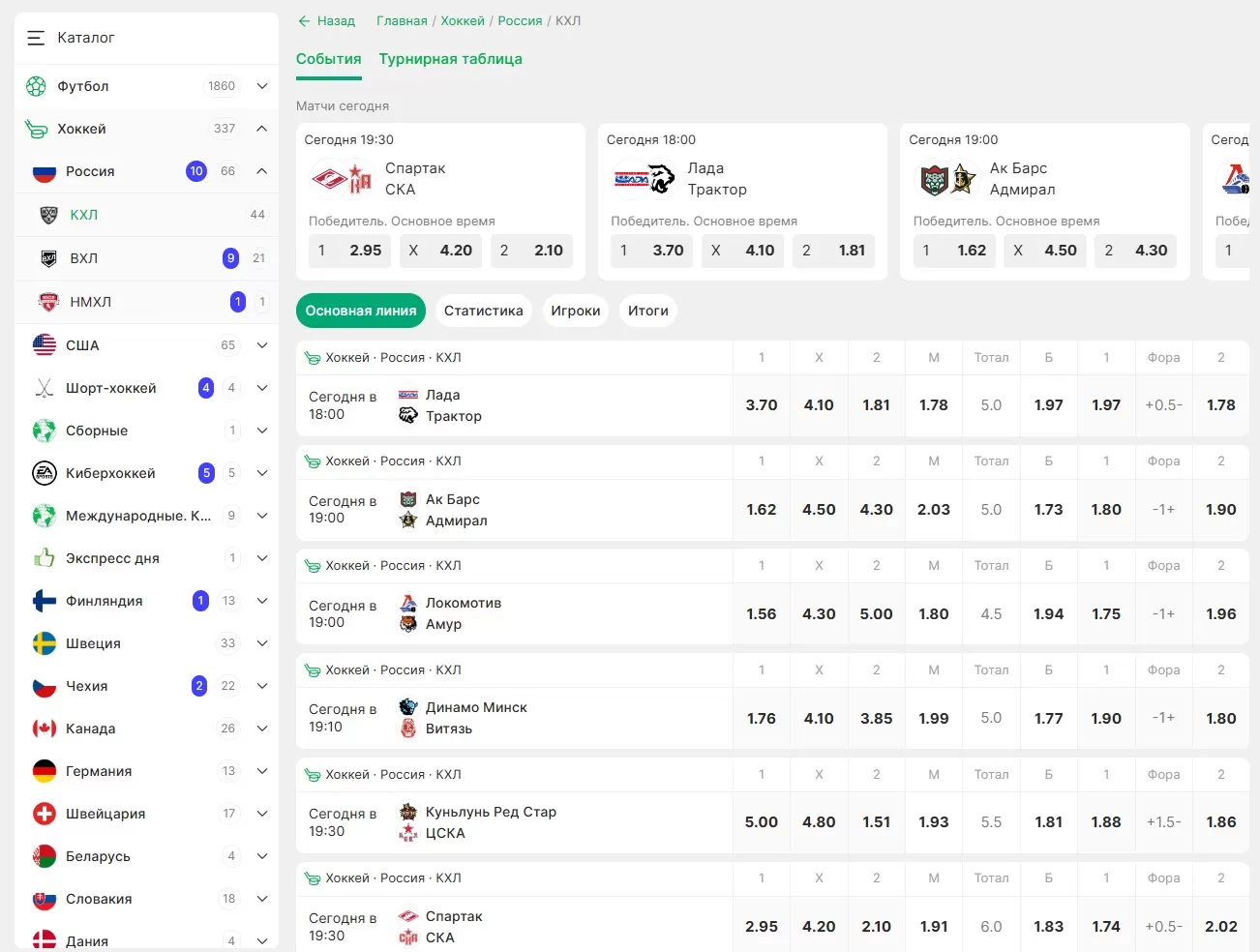 Линия хоккейных ставок