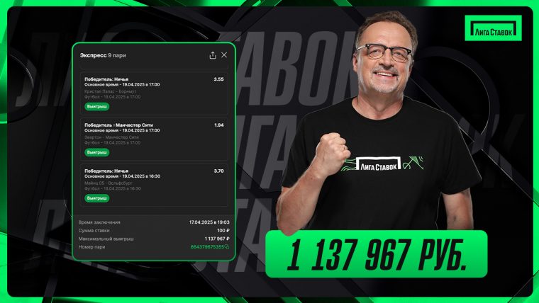 Игроку Лиги Ставок удалось превратить банк в размере 100 ₽ в выигрыш на 1 137 967 ₽
