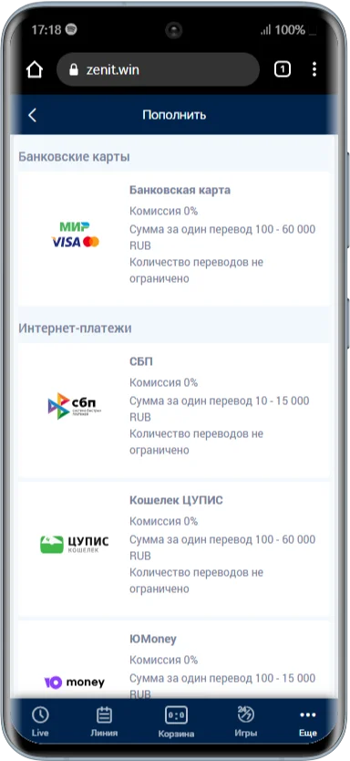 Какие платежные системы работают в БК Зенит