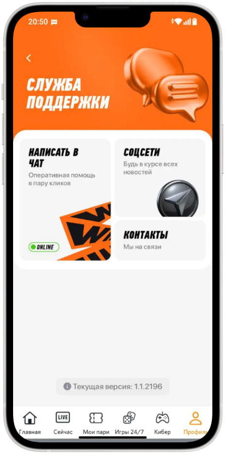 Служба поддержки в приложении Винлайн на Айфон