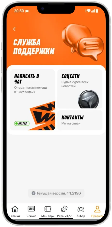 Служба поддержки в приложении Винлайн на Айфон