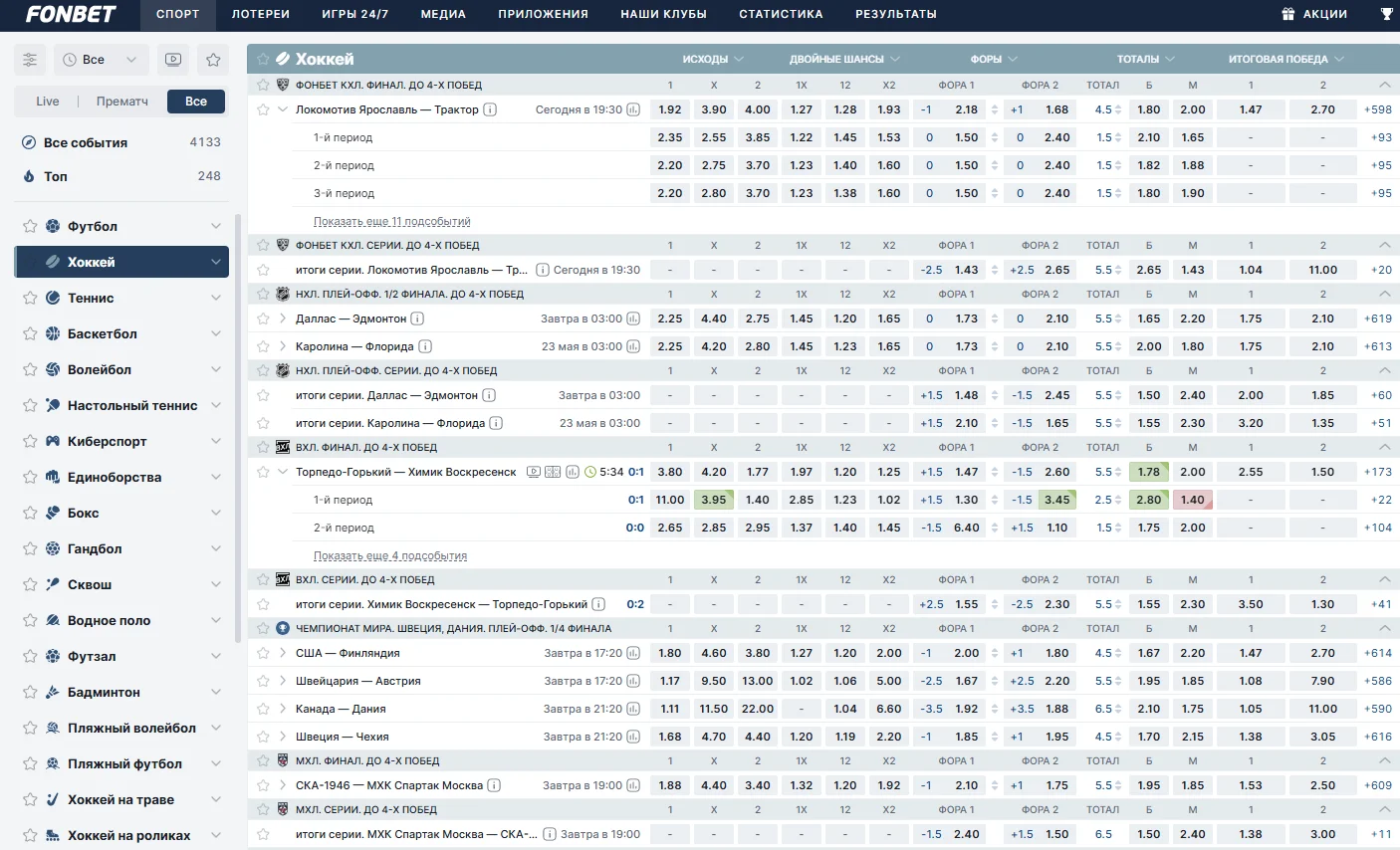 Хоккейная линия в БК Фонбет