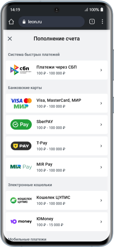 Выбор способа оплаты в БК Леон