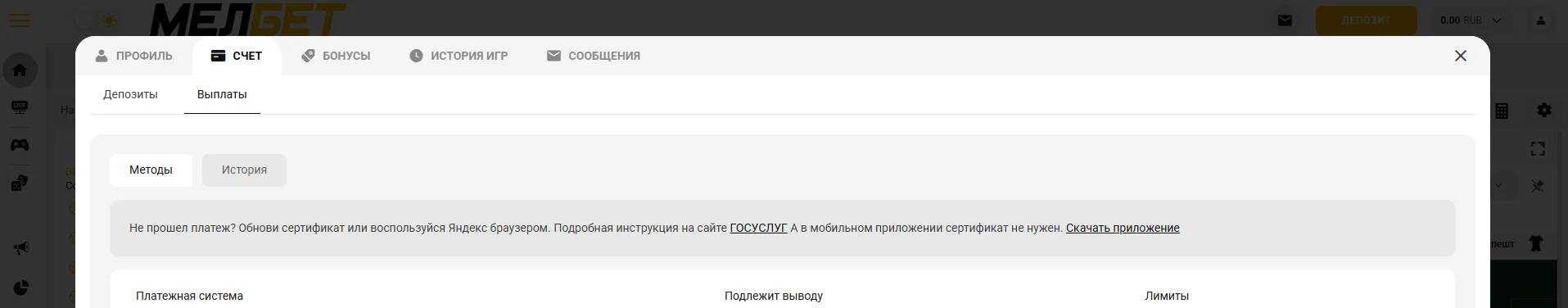 Не выводятся деньги в БК Мелбет