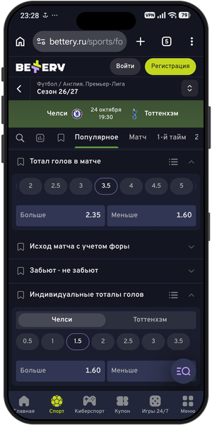 тотал в линии Беттери — роспись матча с блоком тоталов ТБ, ТМ и индивидуальных