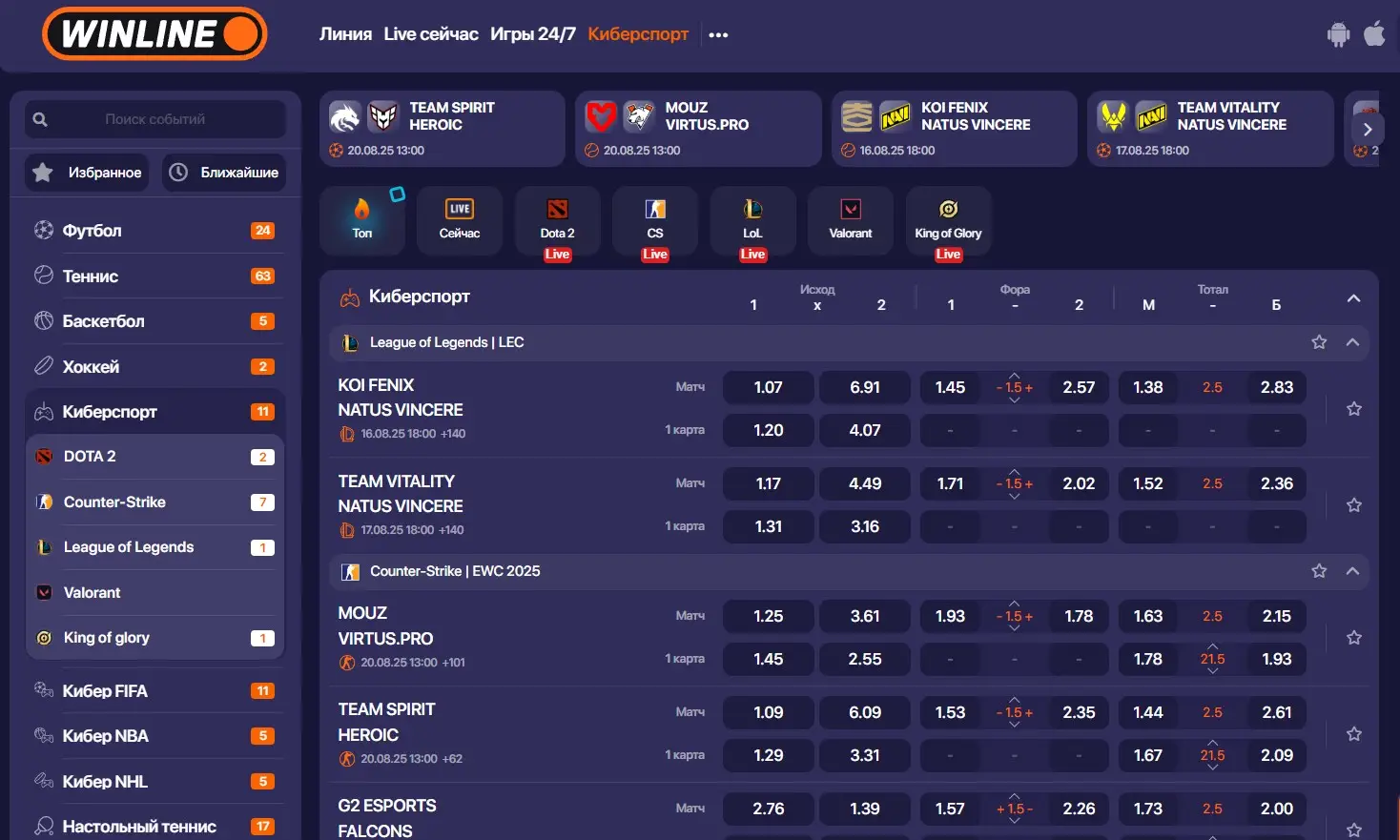 Ставки на киберспорт в Винлайн
