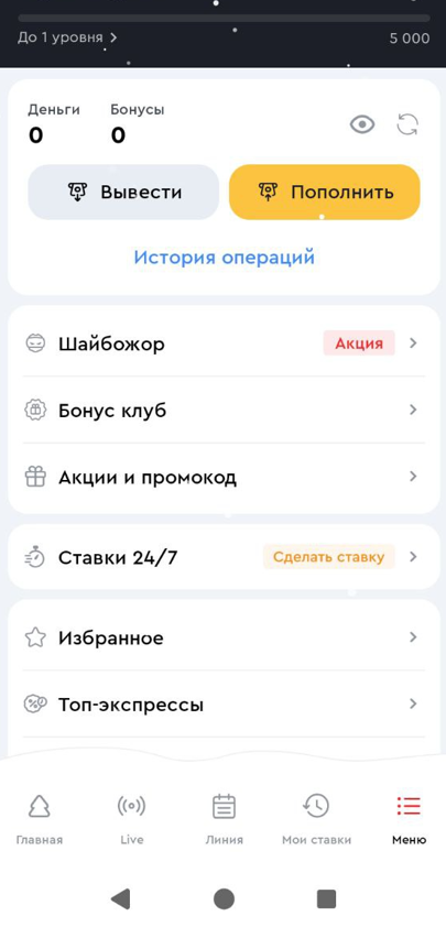 Меню в мобильном приложении Олимпбет