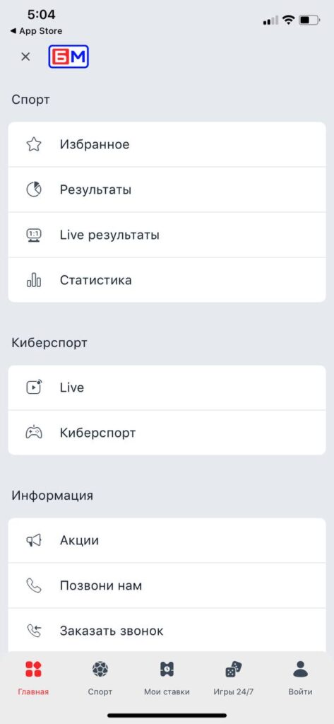 основное окно