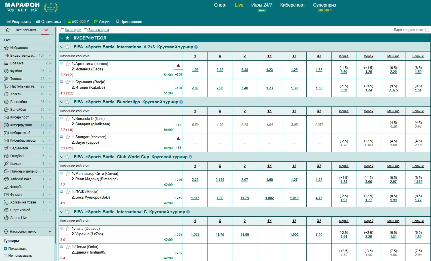Как делать ставки на киберфутбол в БК Марафон