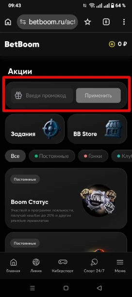 Вводим промокод