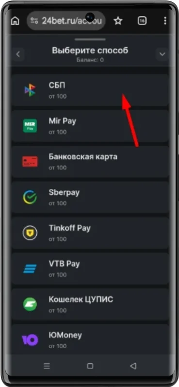Как пополнить счет через СБП в БК 24бет