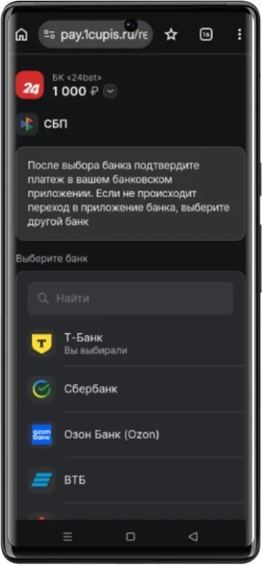 Пополнить счет в БК 24Бет через СБП