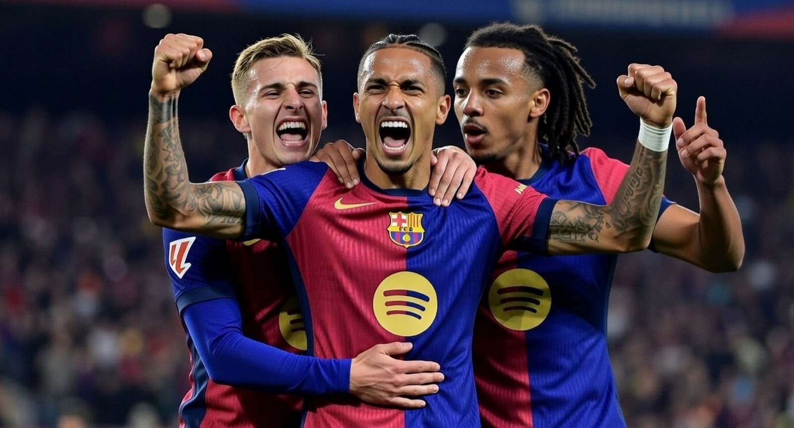 Игроки Барселоны празднуют гол
