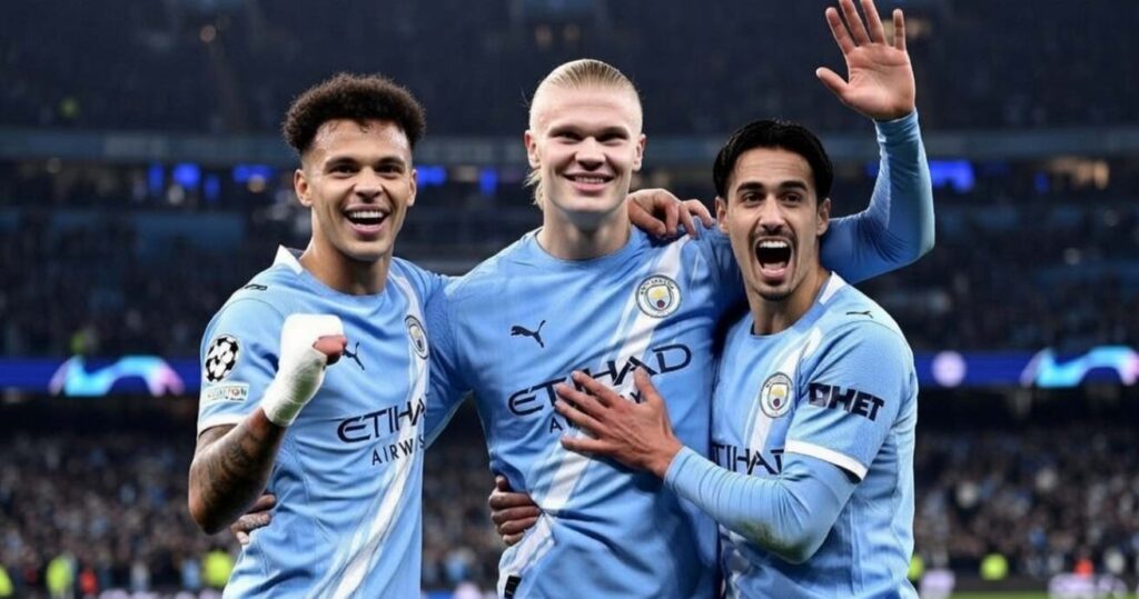 Игроки Манчестер Сити празднуют гол