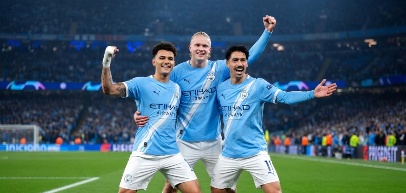 Игроки Ман Сити празднуют гол