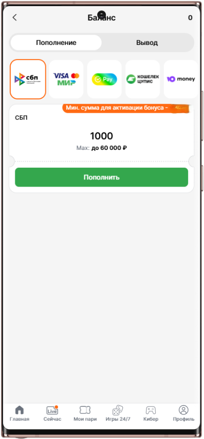 Пополнение счета в Винлайн