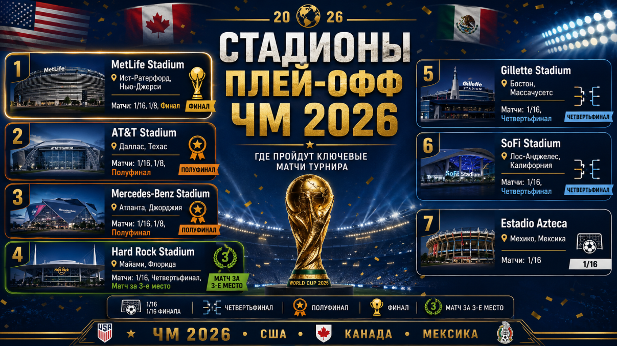 Стадионы плей-офф ЧМ 2026 по футболу - полуфиналы и финал