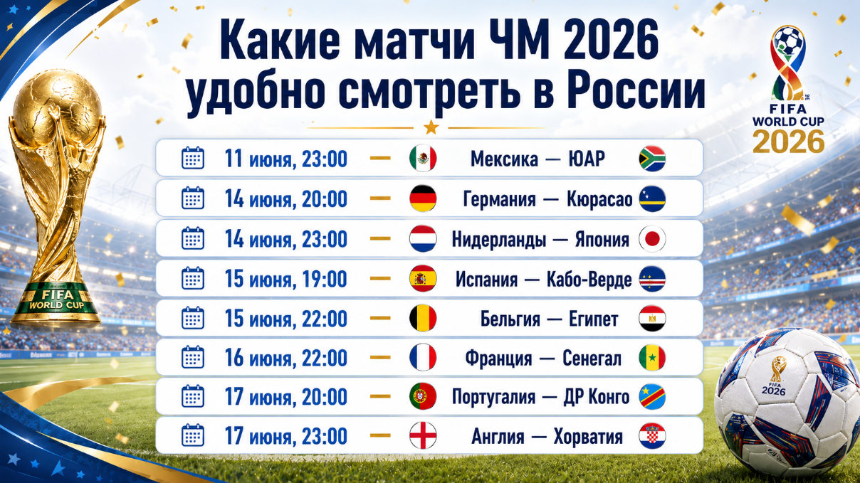 Какие матчи ЧМ 2026 удобно смотреть из России