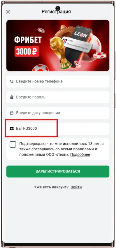 Ввод промокода в Леон