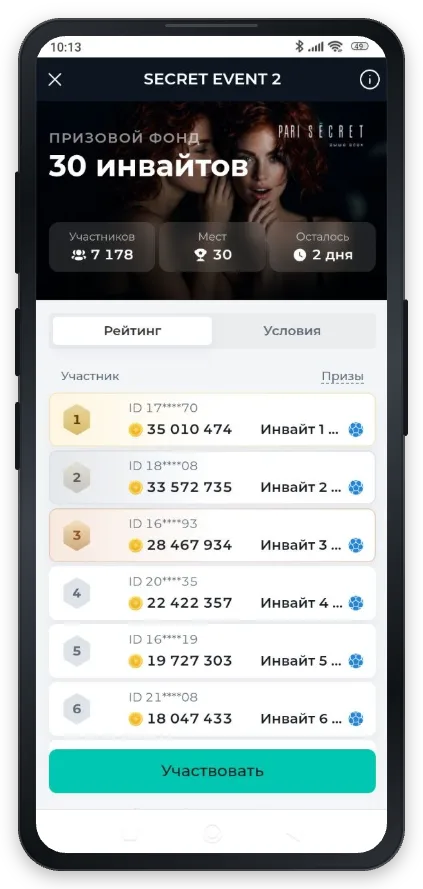 Актуальная таблица лидеров PARI Secret Event 2 с количеством набранных баллов