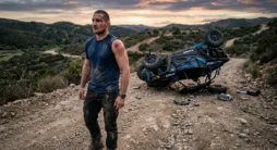 Шон Стрикленд рядом с перевернутым UTV после аварии в Лас-Вегасе.